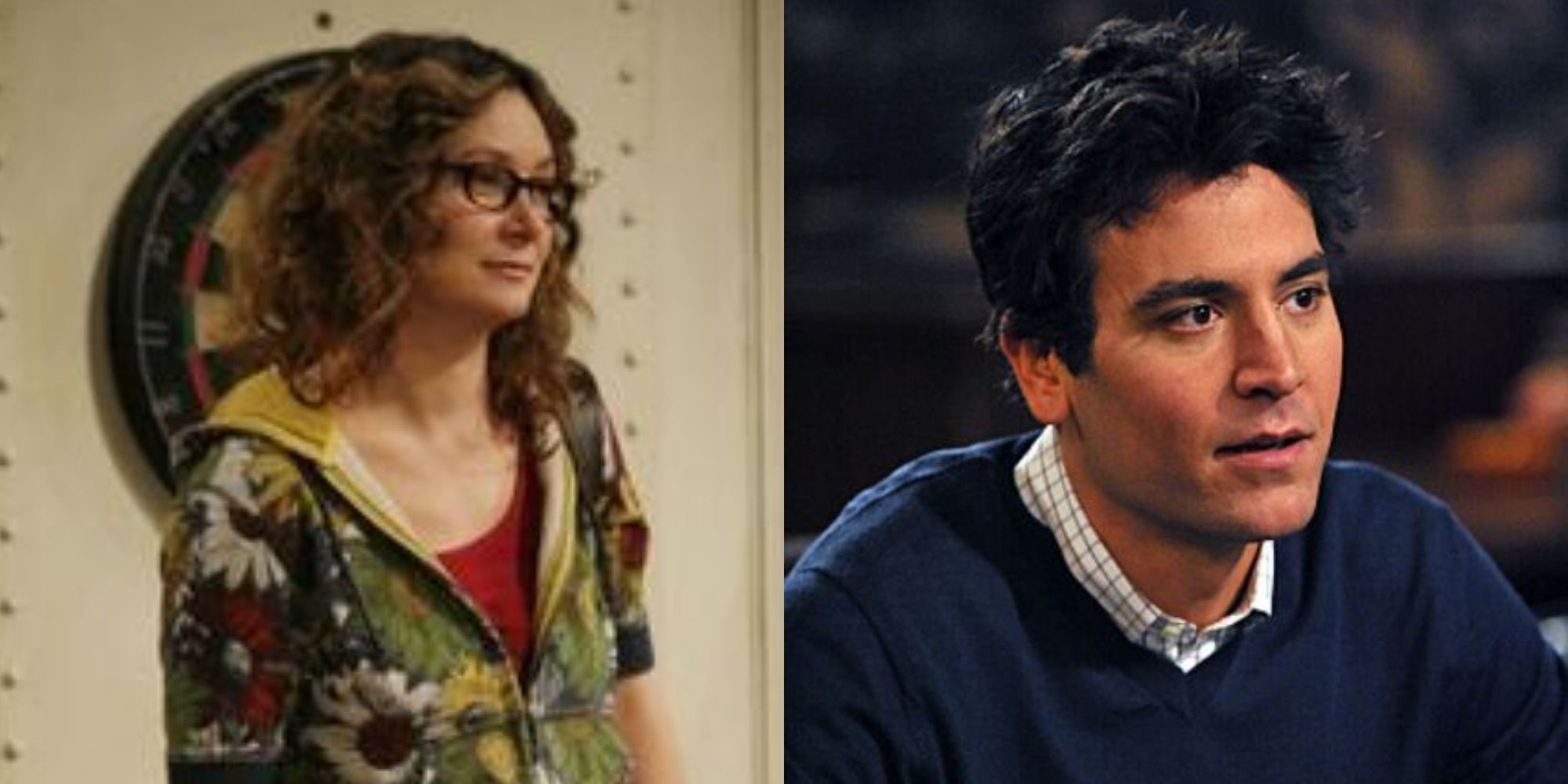 A split-screen image showing The Big Bang Theory's Leslie Winkle and How I Met Your Mother's Ted Mosby