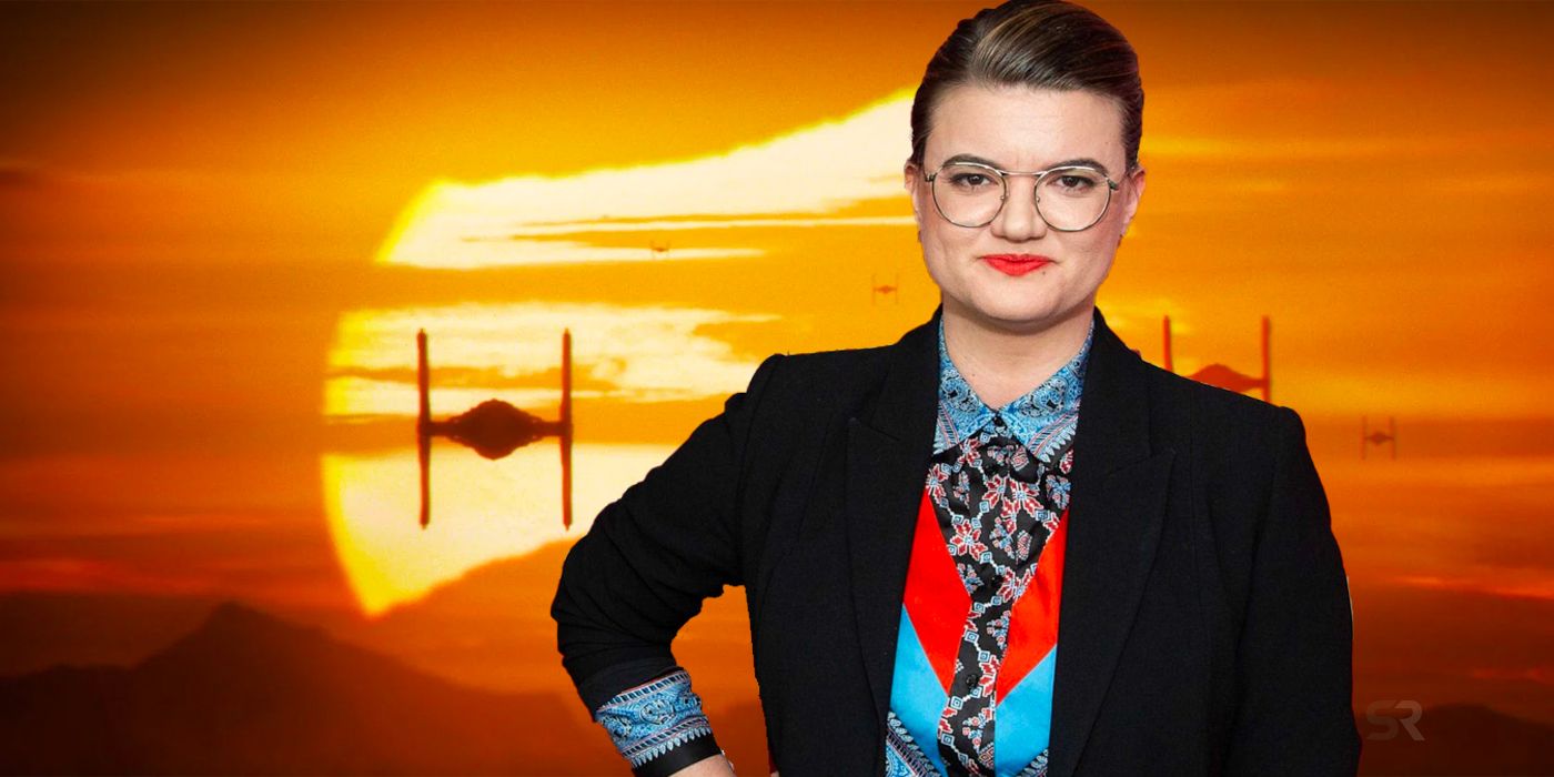 Director Leslye Headland in front of Star Wars Tie Fighters