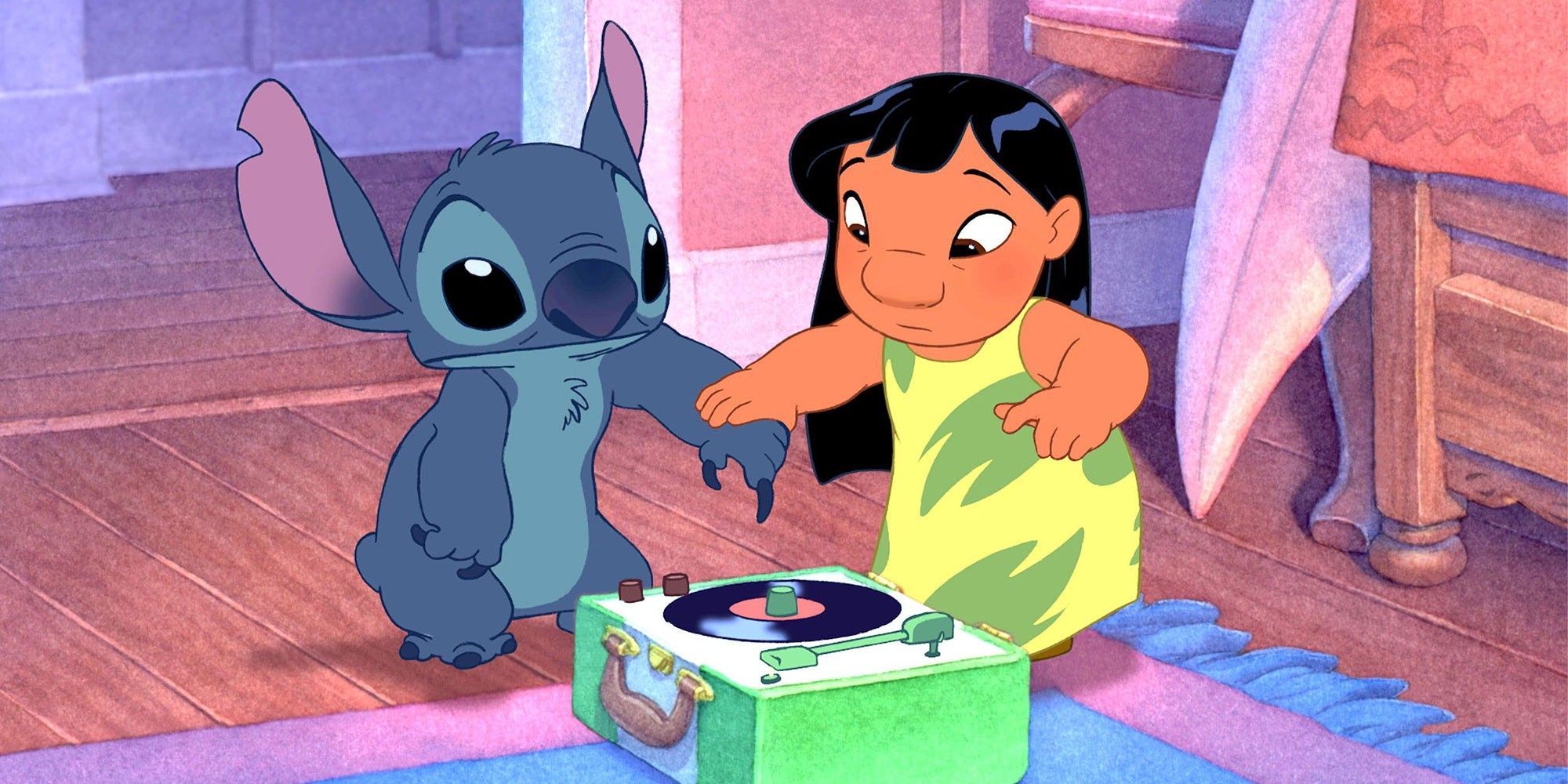 Lilo and Stitch play with a record player