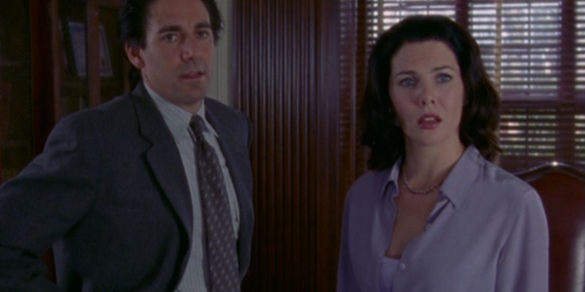 Lorelai and Max in Headmaster Charleston's office in Gilmore Girls.