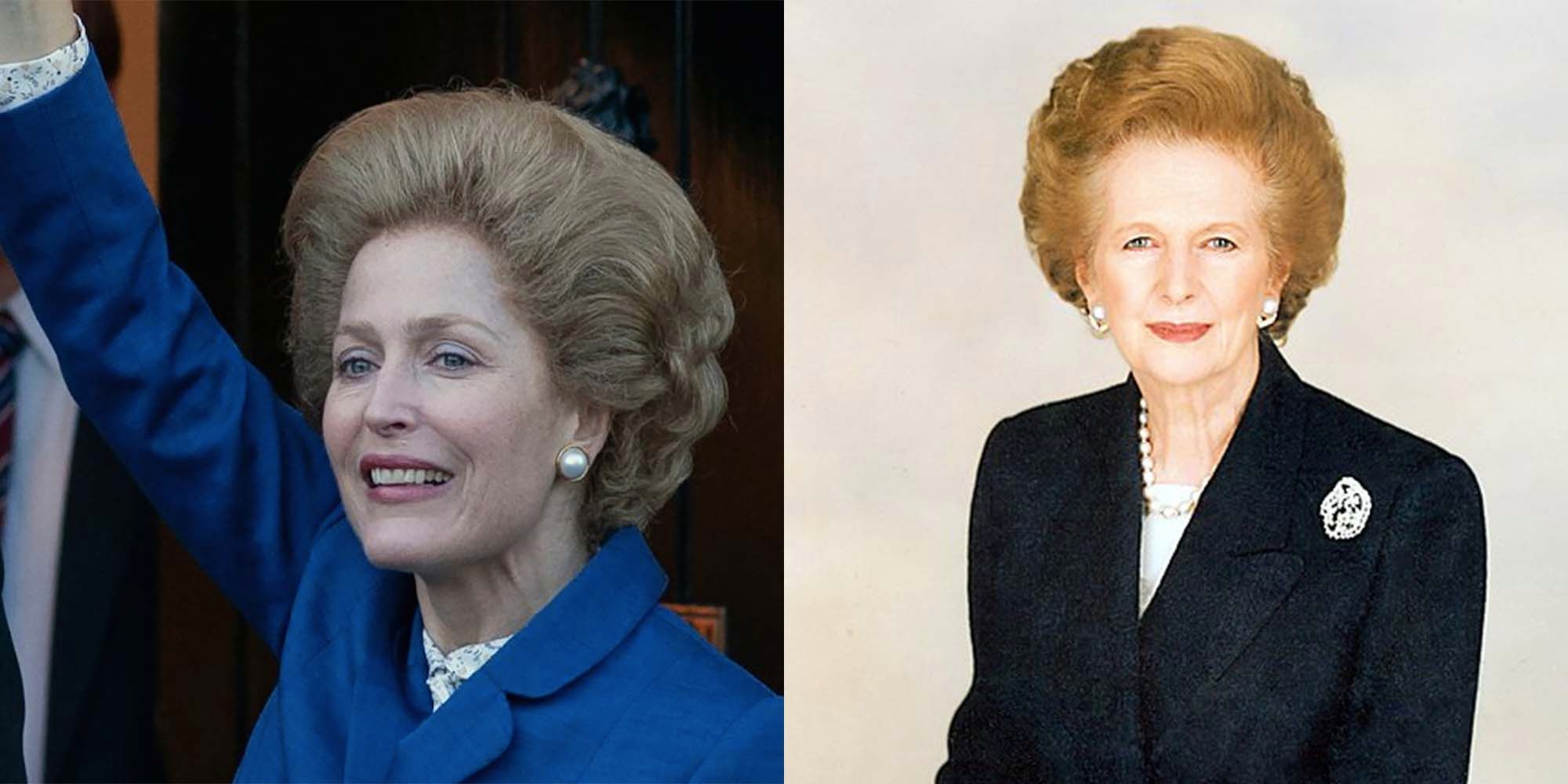 Split image of gillian anderson as Margaret thatcher in the crown and the real life thatcher.