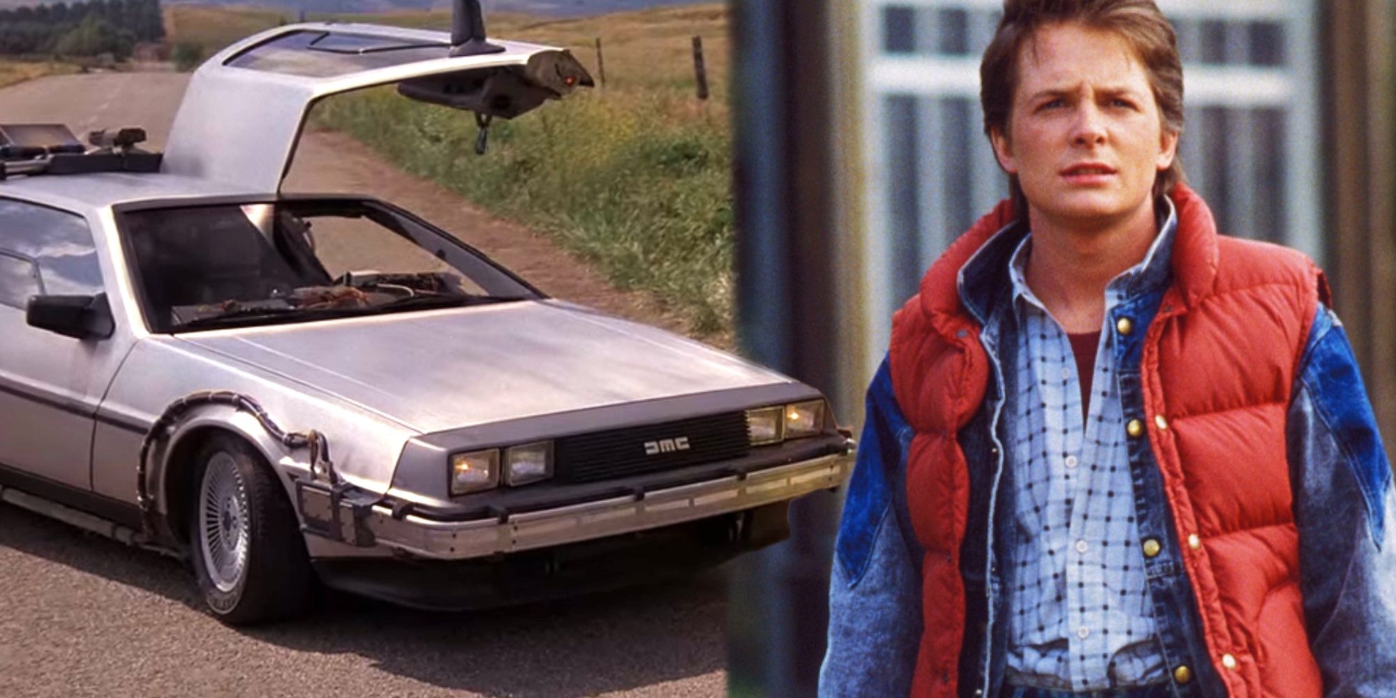 Michael J Fox as Marty Mcfly in Back to the Future with the DeLorean