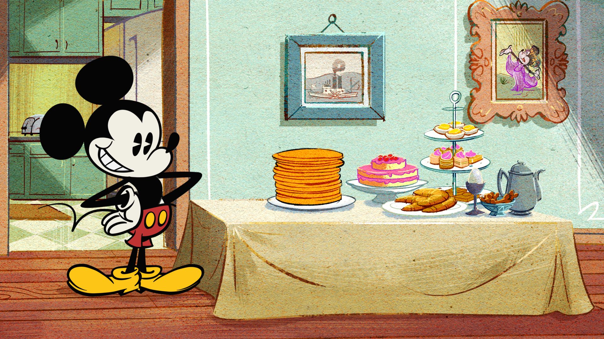 Mickey Mouse, standing near pancakes, in The Wonderful World of Mickey Mouse