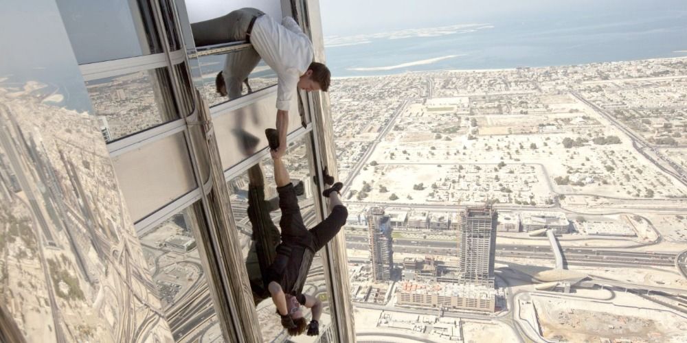 Jeremy Renner and Tom Cruise hanging outside the Burj Khalifa in Mission Impossible Ghost Protocol (2011)