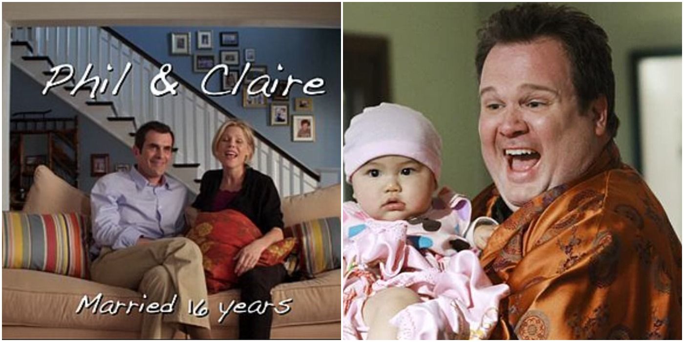 Modern family pilot split image of Cam holding baby lily on right and clare and phil on their sofa, left
