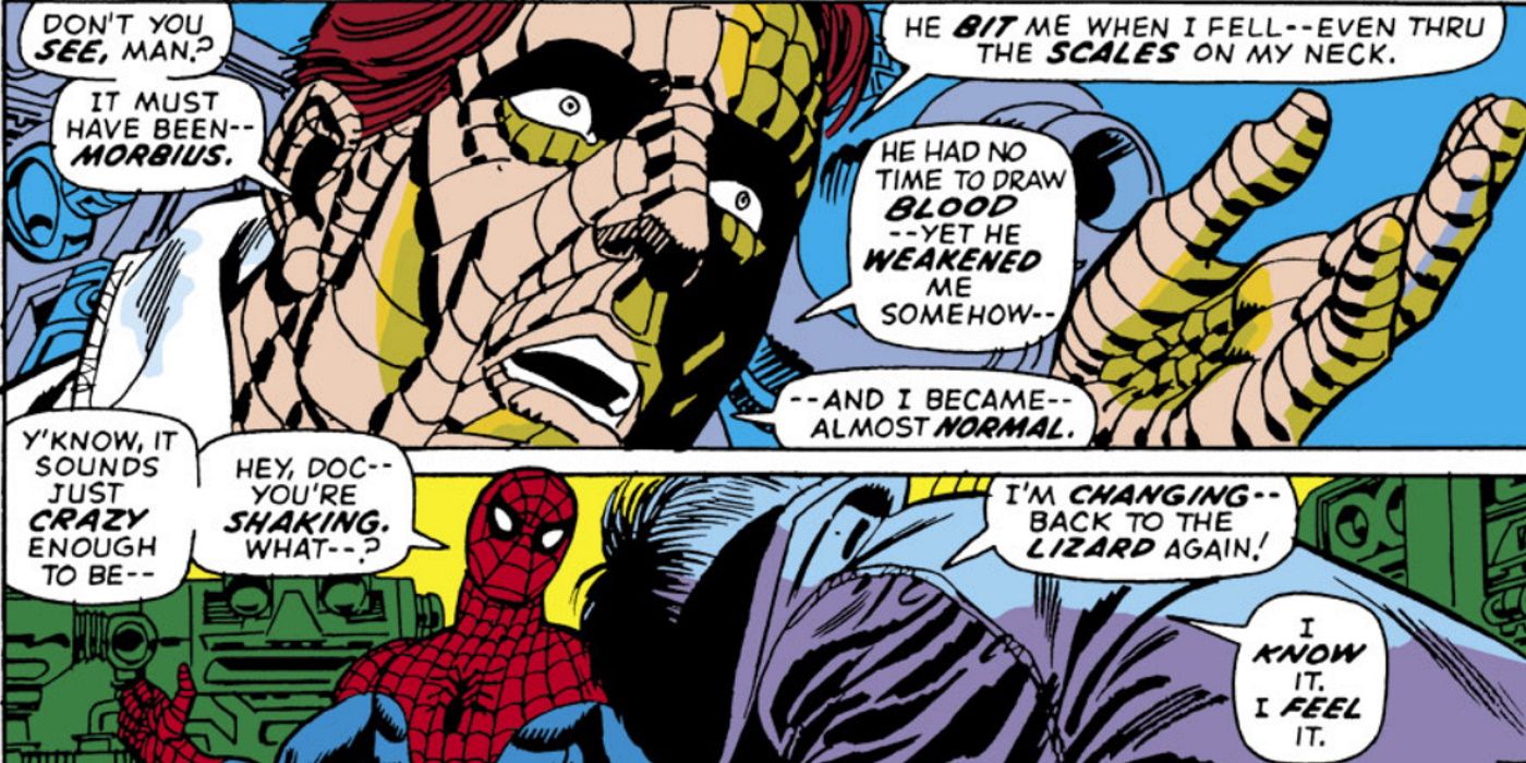 The Lizard reacts to Morbius bite from the Spider-Man comics.
