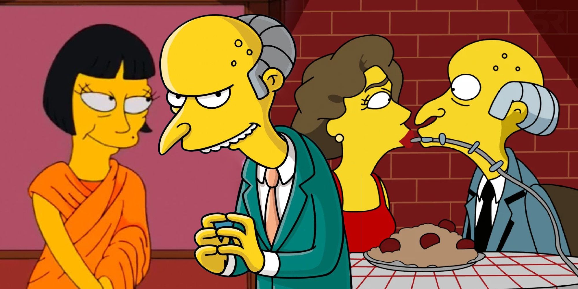 Composite image of Mr burns with his love interests gloria and lyla in the simpsons