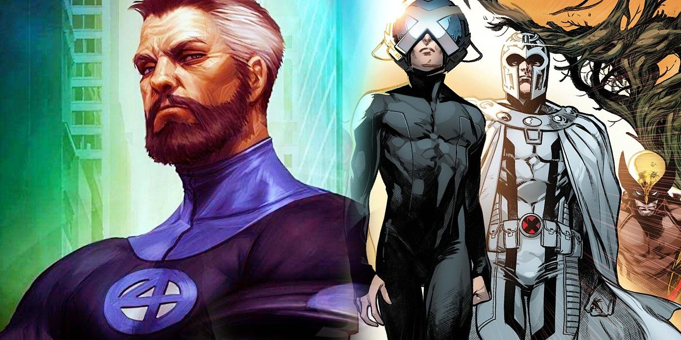 Split image: Mr. Fantastic (left) and Professor X, Magneto, & Wolverine (right)