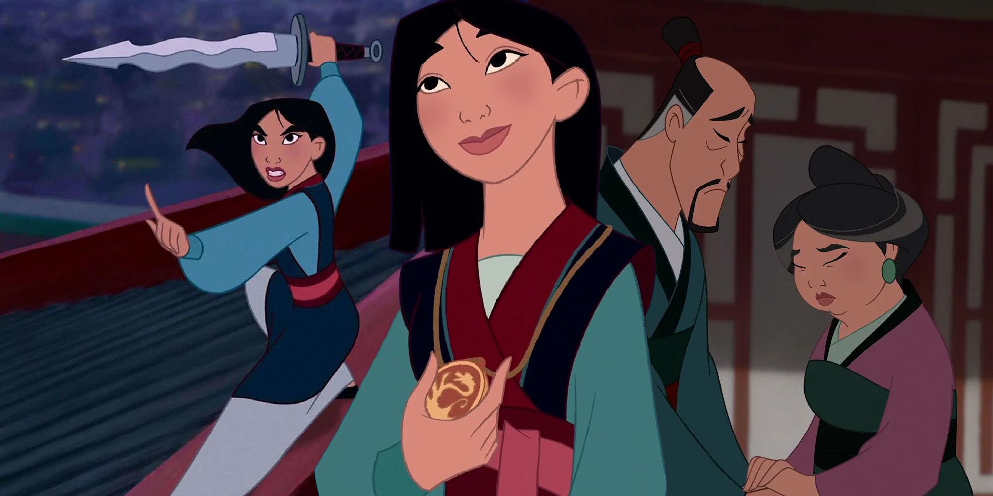 Mulan with her parents in the original animated Disney film.