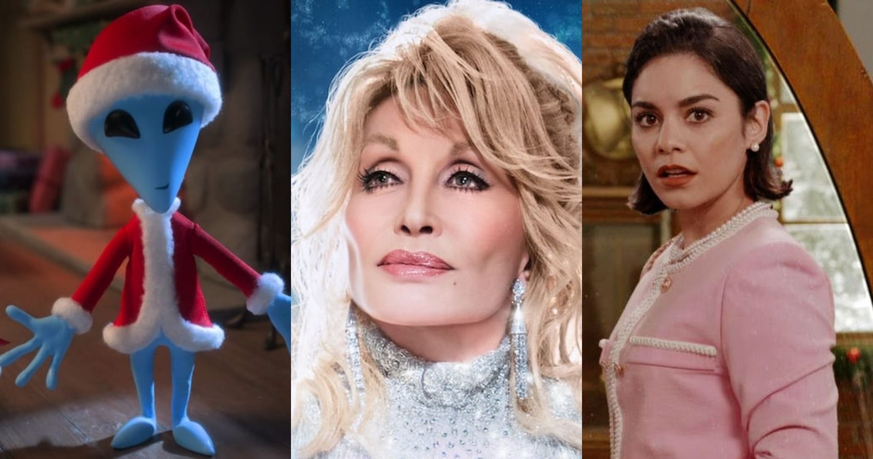 A collage showing Netflix's Christmas and holiday offerings like Alien Xmas, Dolly Parton's Christmas on the Square and The Princess Switch: Switched Again