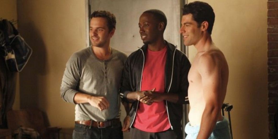 Nick, Winston, and Schmidt talk in the loft entrance after Winston first meets Jess in New Girl