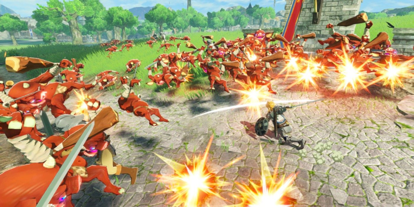 Characters do battle from Hyrule Warriors Age of Calamity 