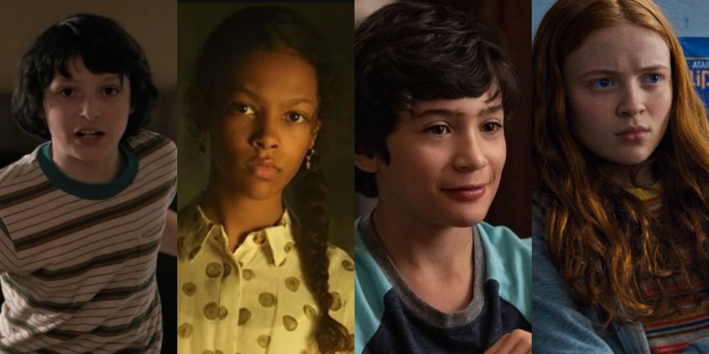 A split image depicts Finn Wolfhard, Kyliegh Curran, Sonny Bustamante, and Sadie Sink in various roles