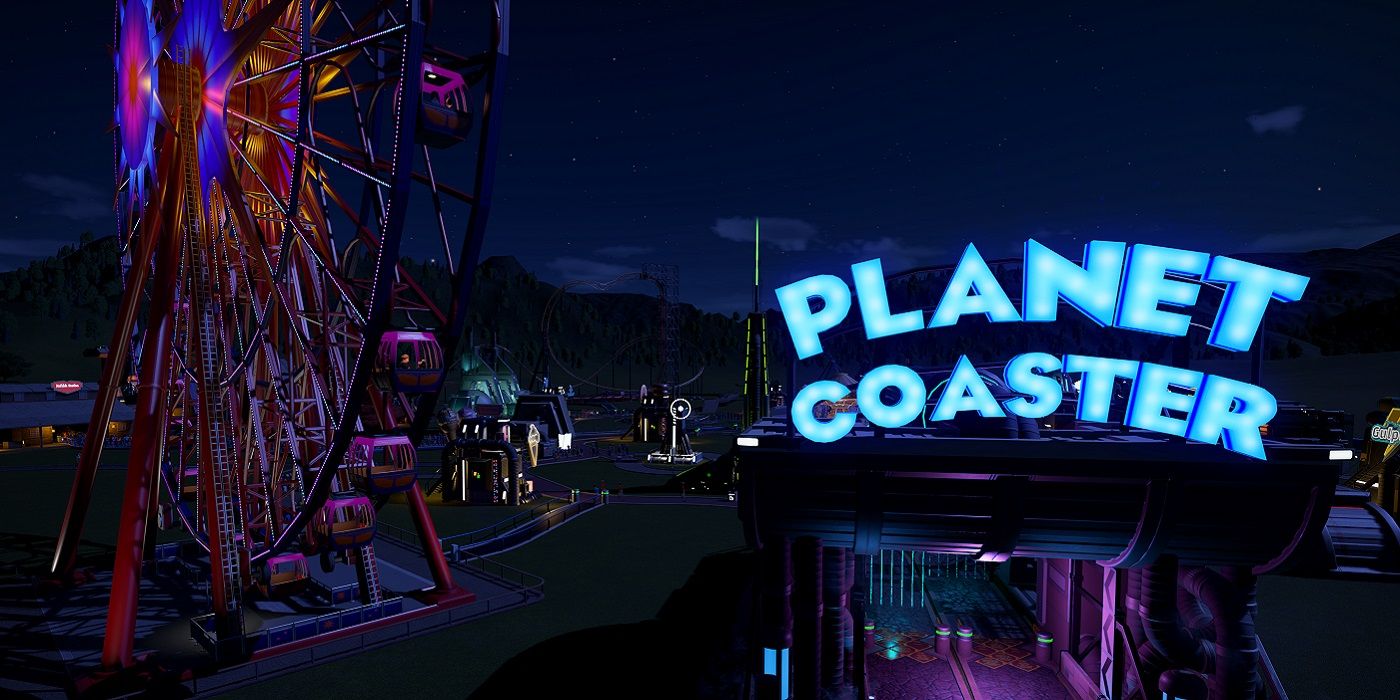 Uma olhada em um parque de diversões no Planet Coaster à noite.