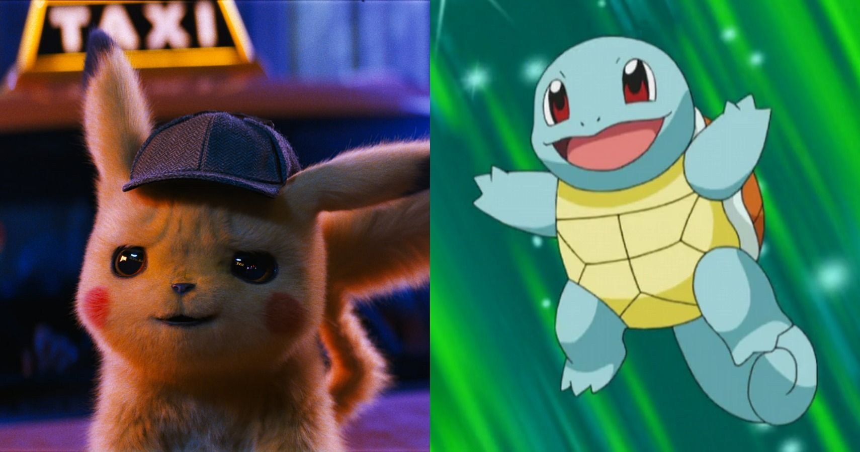 A collage showing the live-action Pikachu of Pokémon Detective Pikachu and Squirtle from the Pokémon anime series