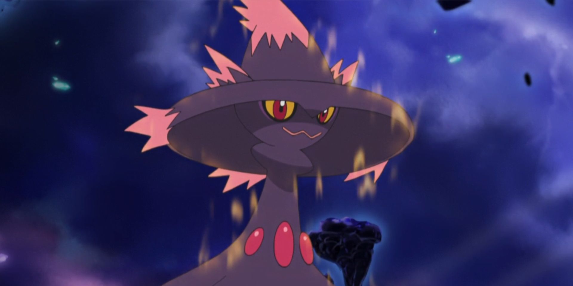 Mismagius floating against a dark and cloudy sky in the Pokémon anime