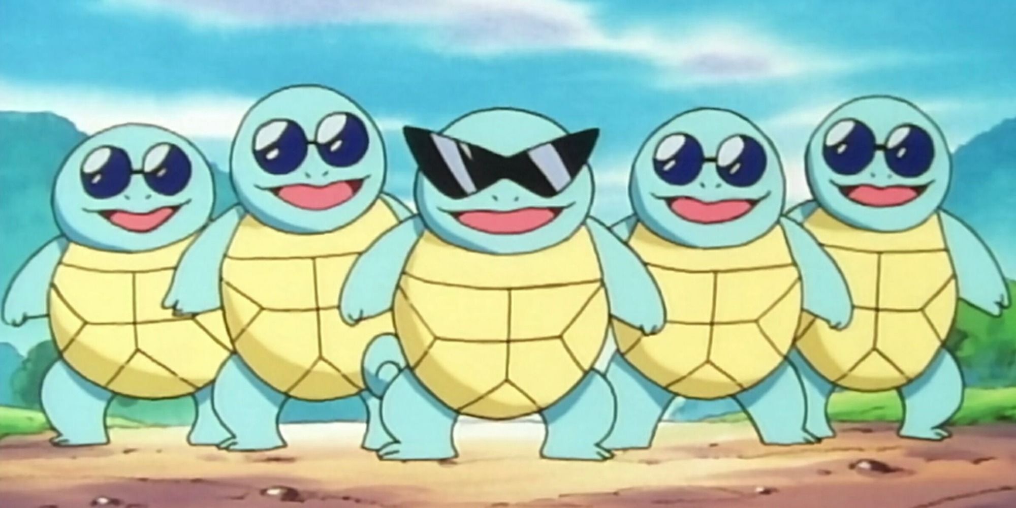 Uma captura de tela mostrando o Squirtle de Ash e seu Squirtle Squad da série de anime Pokémon