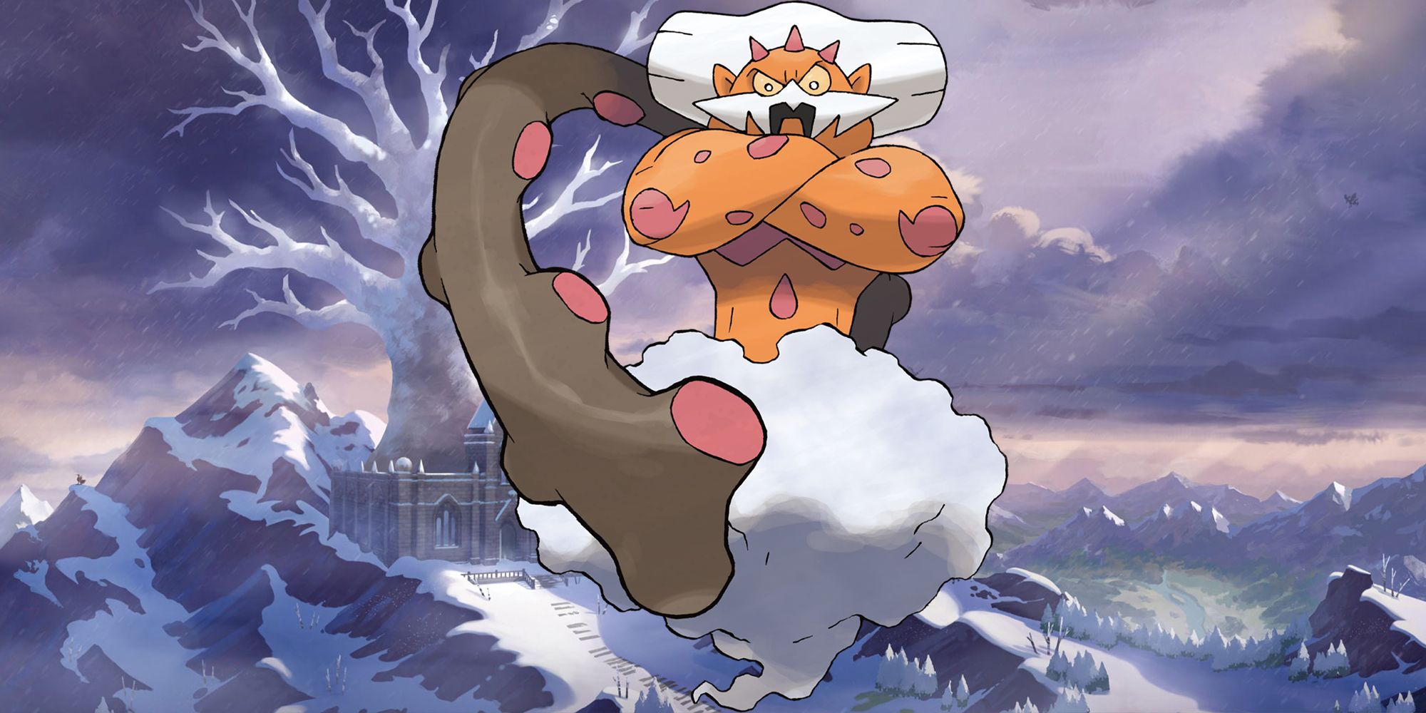 Pokémon Crown Tundra Landorus diante do topo de uma montanha nevada