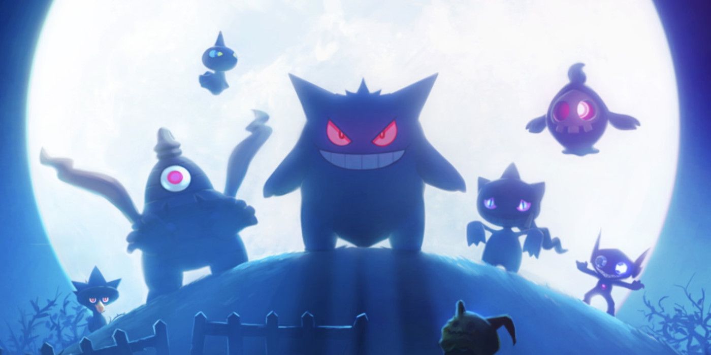 A group of Ghost-Type Pokemon led by Gengar standing in front of a full moon