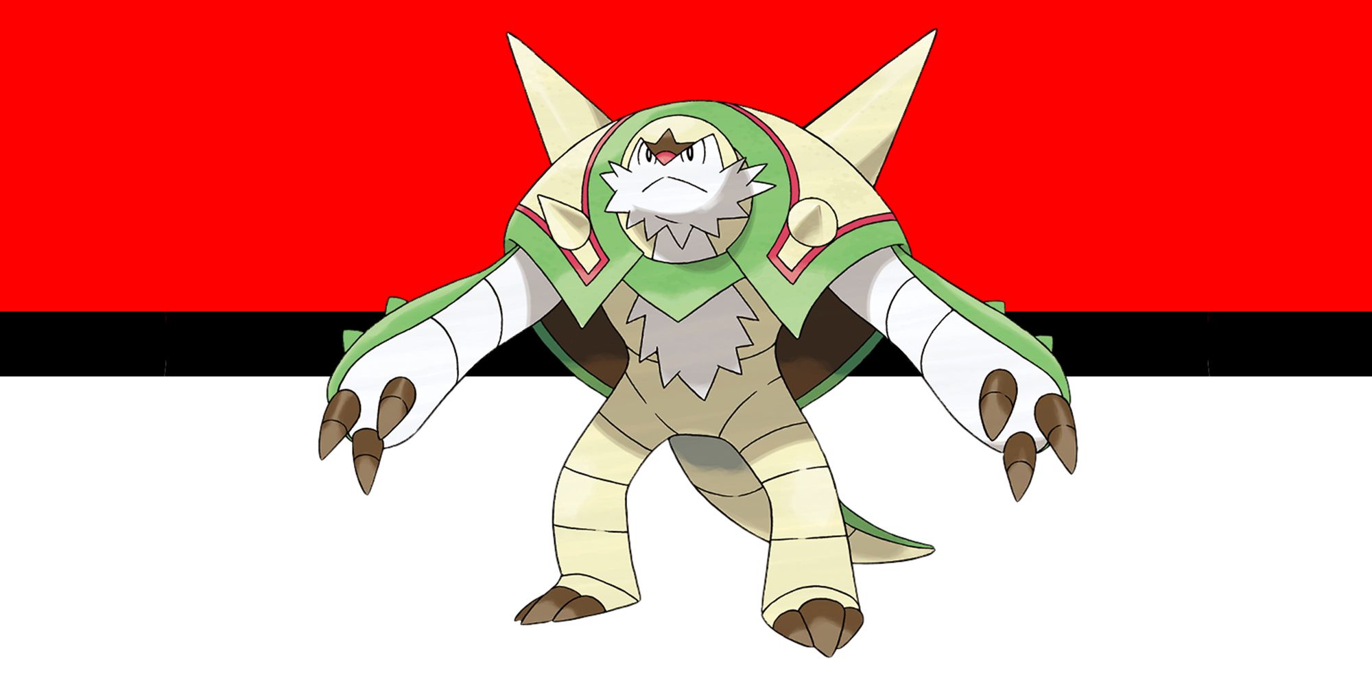 Chestnaught em pé na frente de um fundo formado por um esquema de cores de Pokébola.