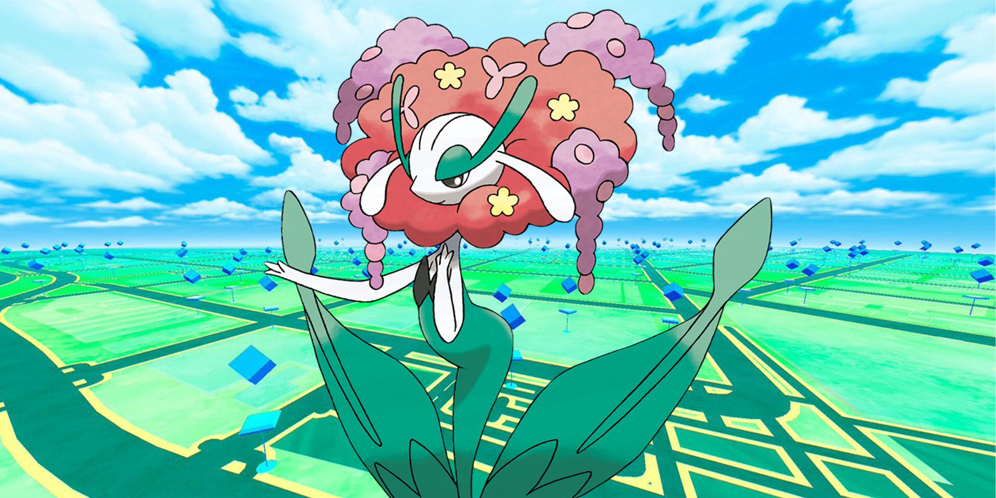 Florges hovers above a green landscape in Pokémon