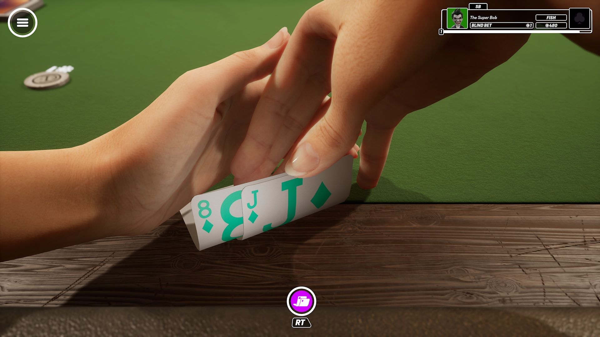 Screenshot of Poker Club showing the player looking at their cards.