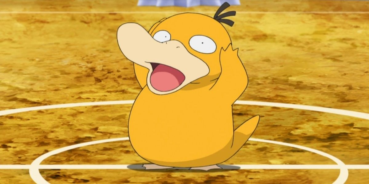 Psyduck holding it head with both hands in the Pokémon anime