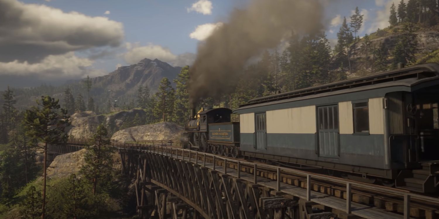 A train crossing a bridge in Red Dead Redemption 2.