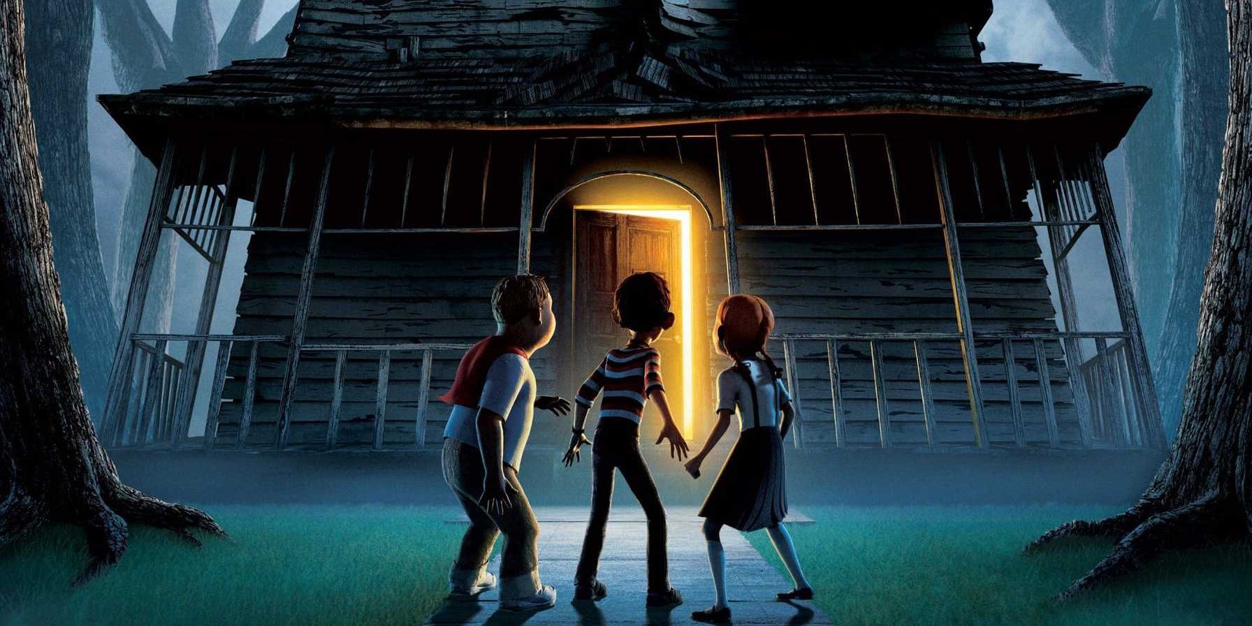 The kids look at the monster house as the door opens in Monster House.