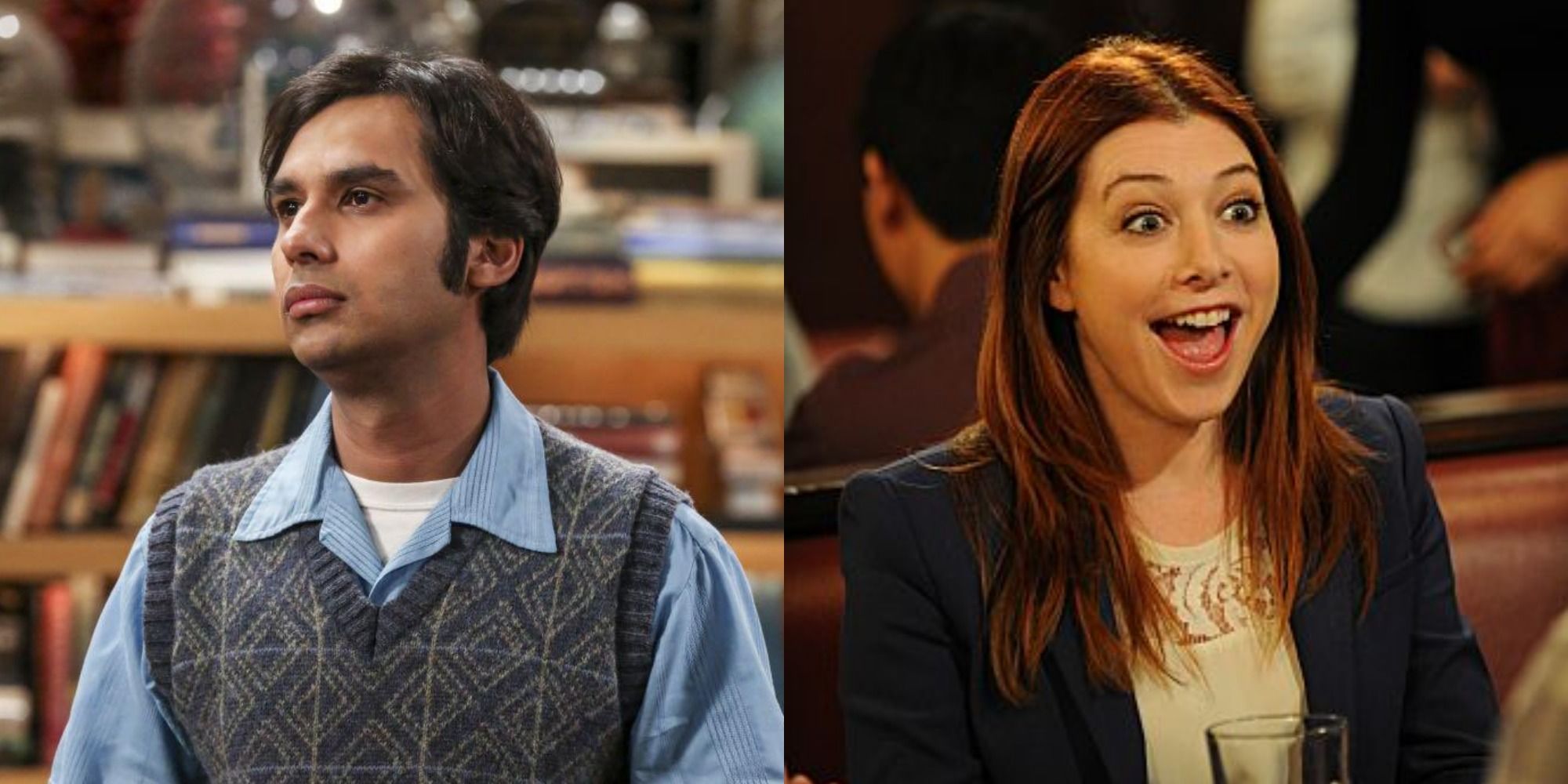 A split-screen image showing The Big Bang Theory's Raj Koothrappali and How I Met Your Mother's Lily Aldrin