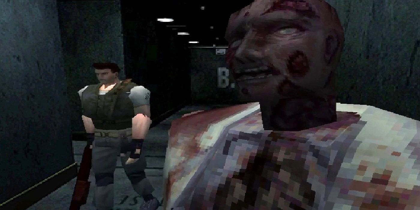 Chris Redfield sneaks up behind a zombie in Resident Evil