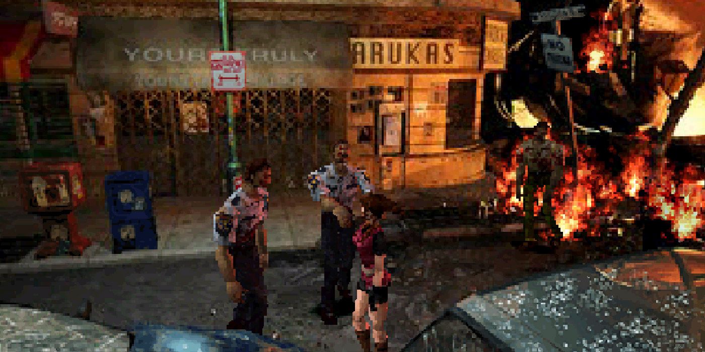Claire Redfield evades zombies on a street in Resident Evil 2