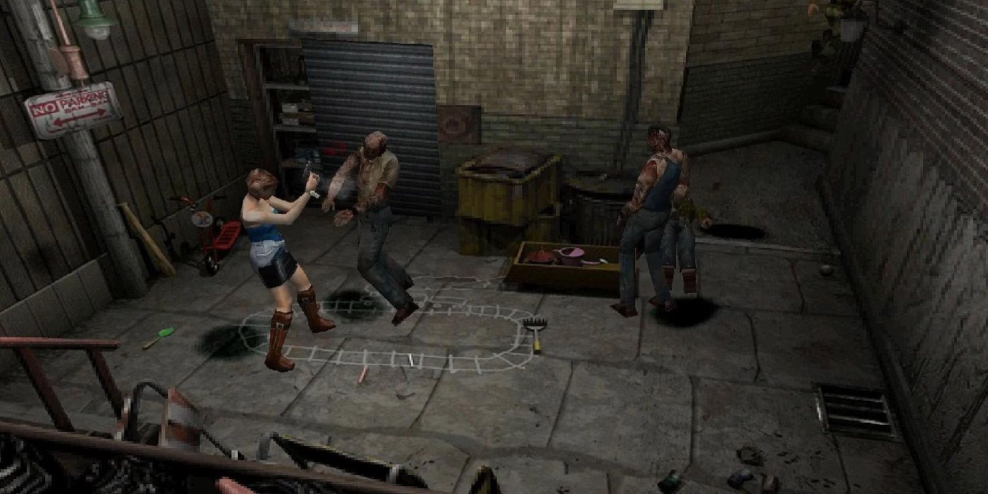 Jill Valentine battles zombies in a back alely in Resident Evil 3