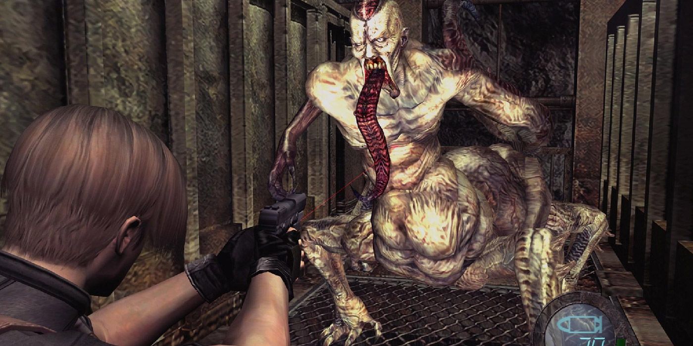 Leon Kennedy fights a snake-tongued monster in Resident Evil 4