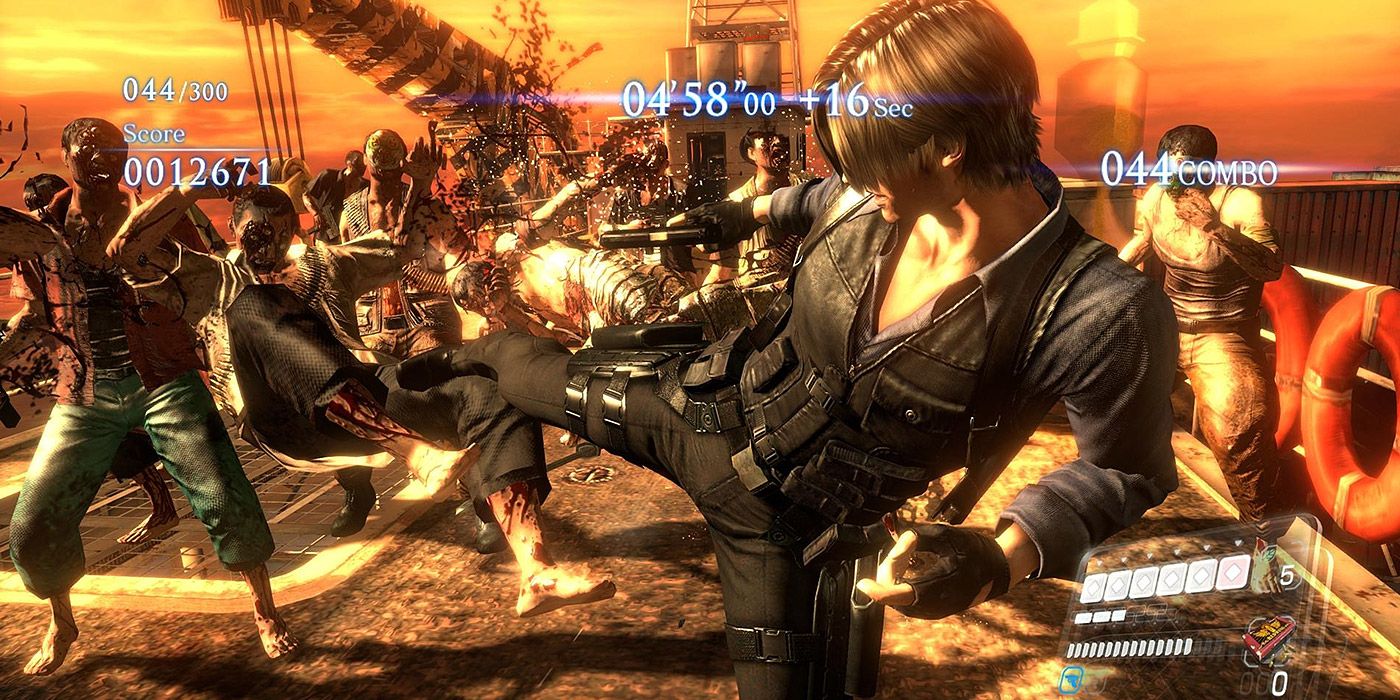 Leon Kennedy kicks a zombie in Resident Evil 6