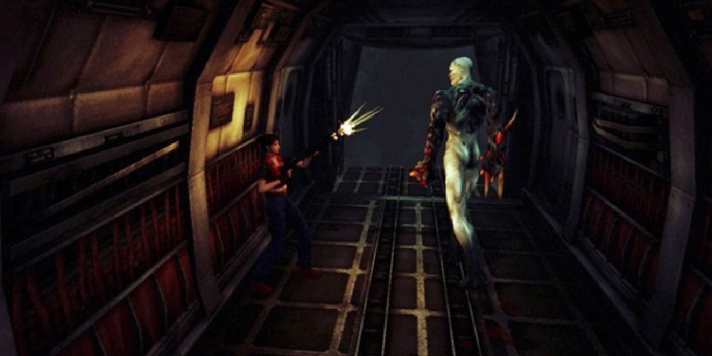 Claire Redfield battles Tyrant on board an airplane in Resident Evil: Code Veronica