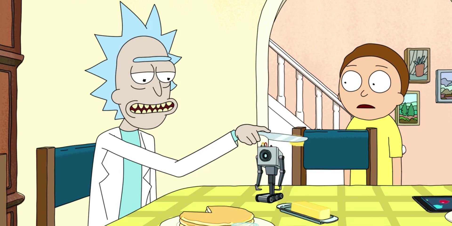 Rick tells the butter robot its purpose.