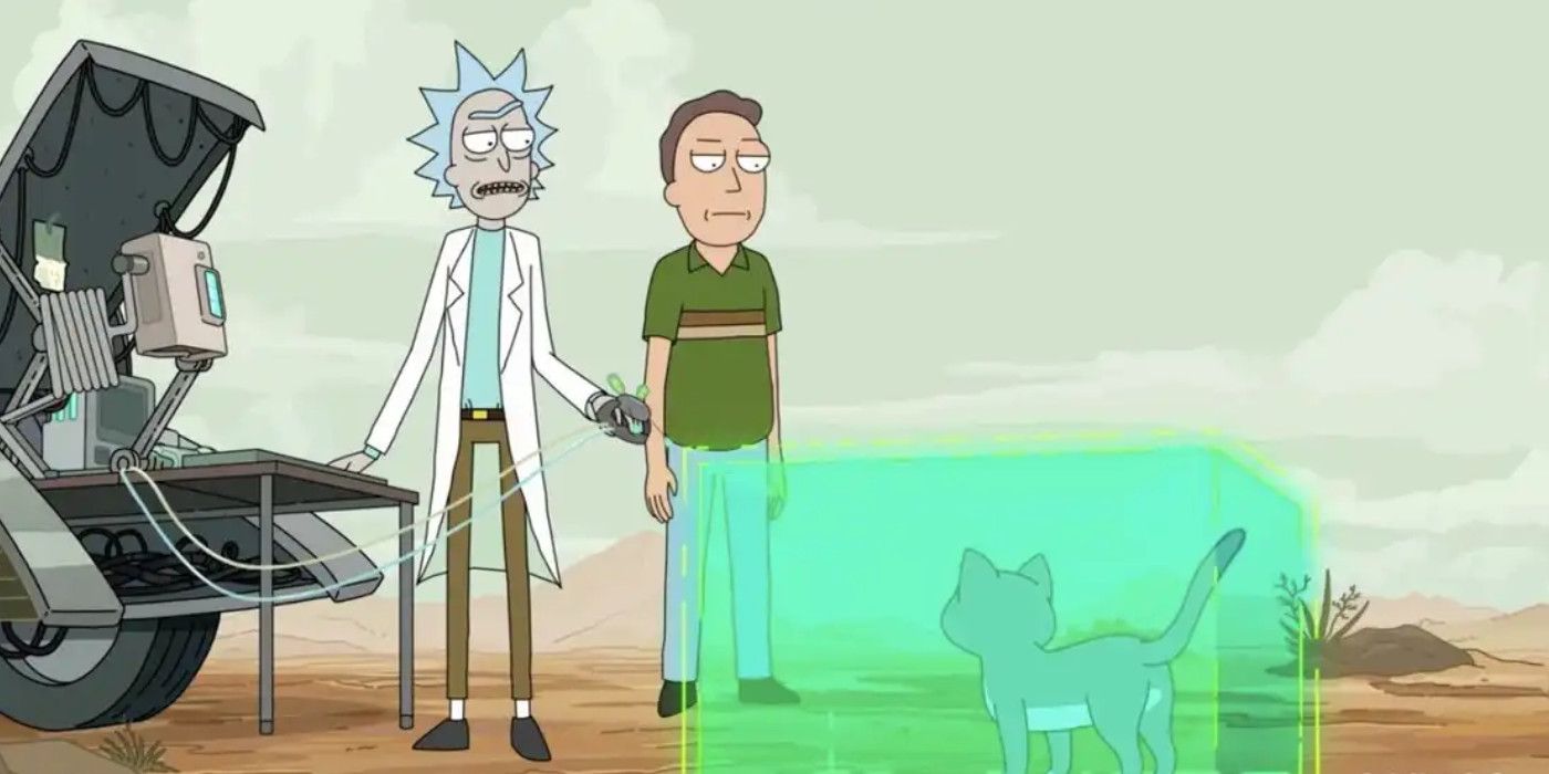 Rick traps the talking cat in a green transparent cube