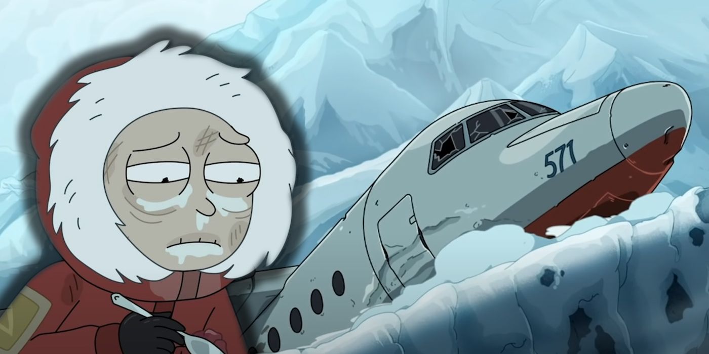 Imagem misturada de um Morty congelando e o acidente de avião em Rick and Morty