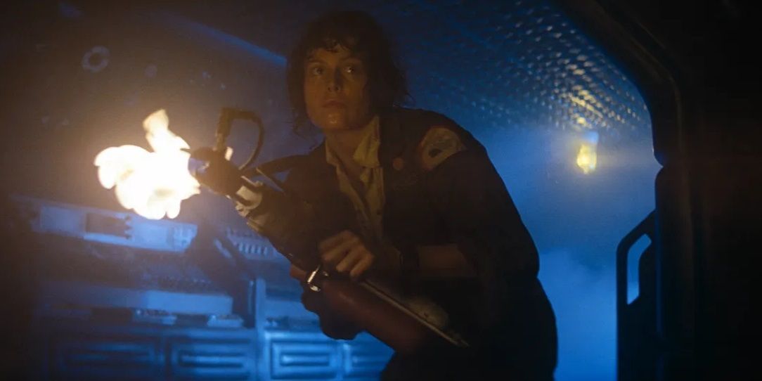 Ripley with a flamethrower in Alien