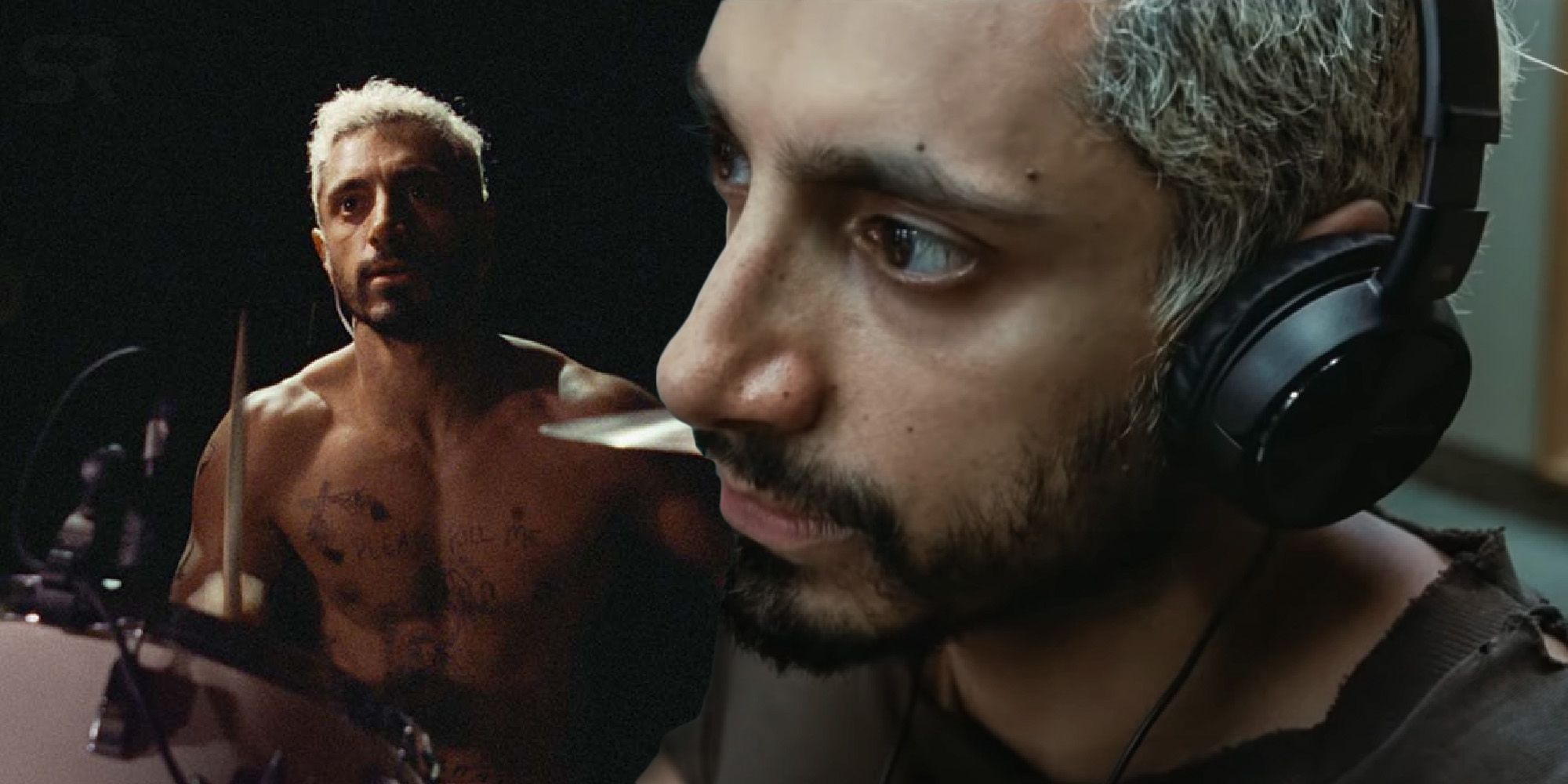 A collage of Ruben Stone (Riz Ahmed) drumming and wearing headphones in The Sound of Metal
