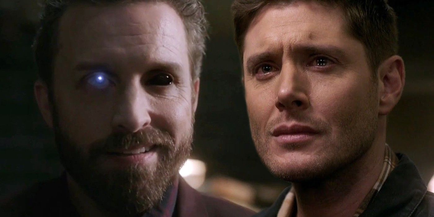 Chuck with black and white eyes/ Dean with a distressed expression