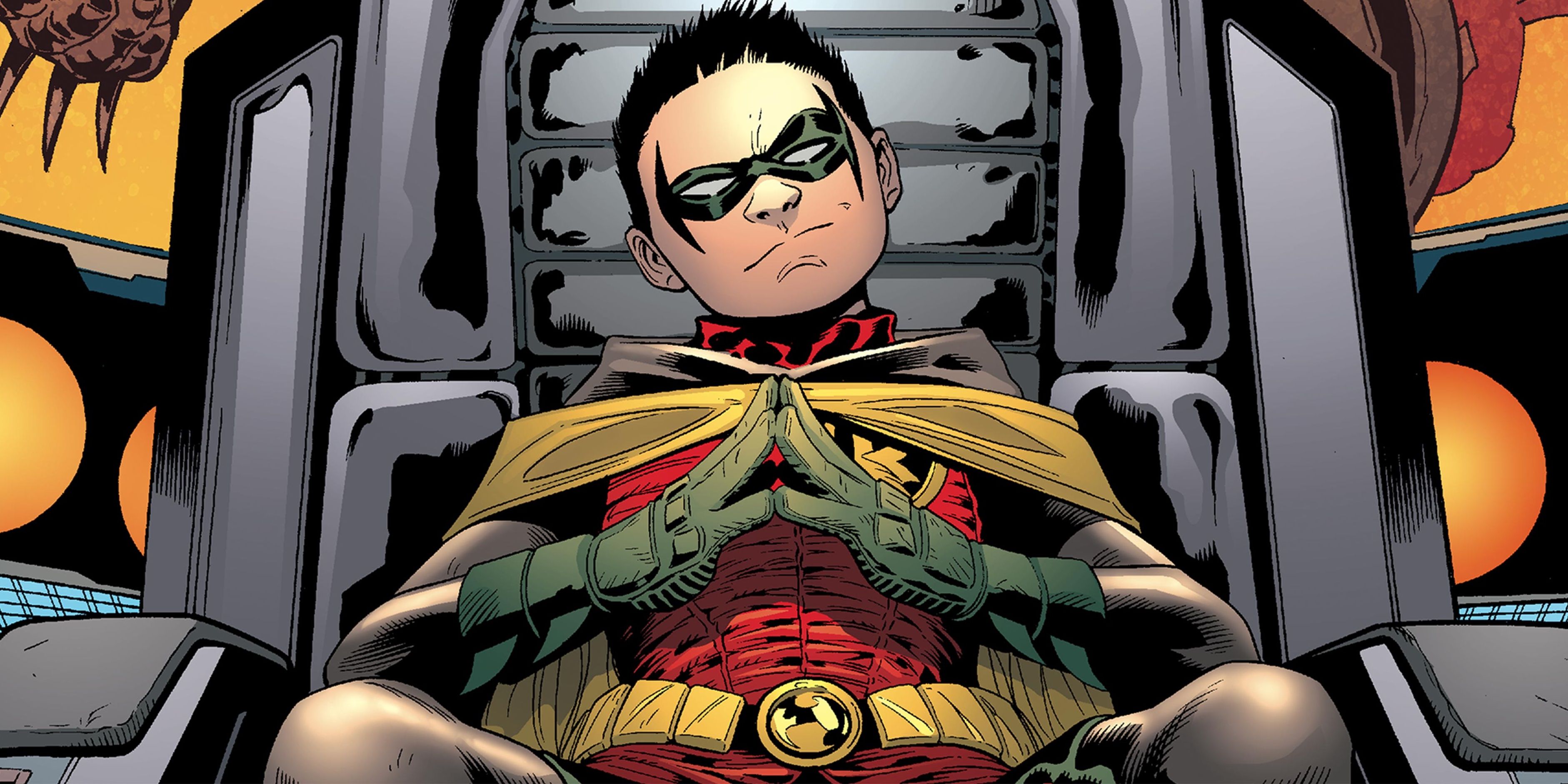 Damian Wayne sitting on a chair in the comics