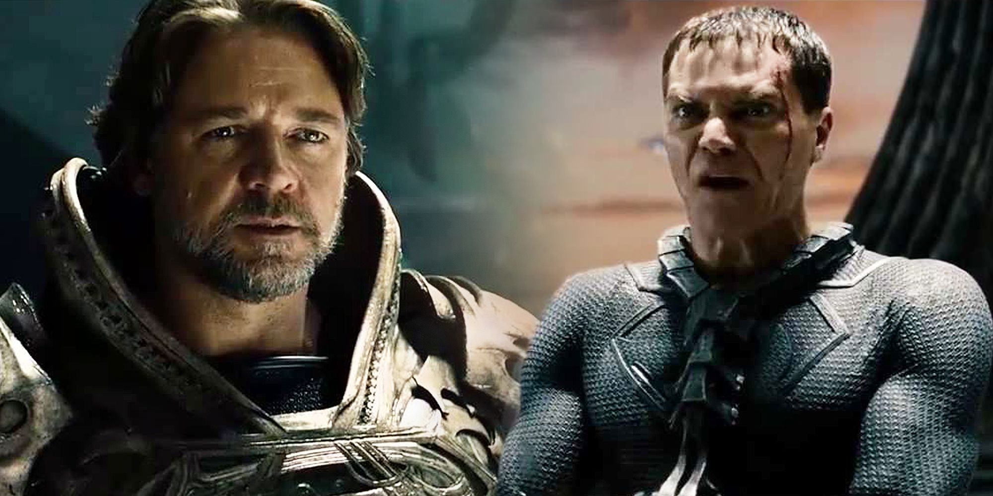 Russell Crowe as Jor-El and Michael Shannon as Zod in Man of Steel