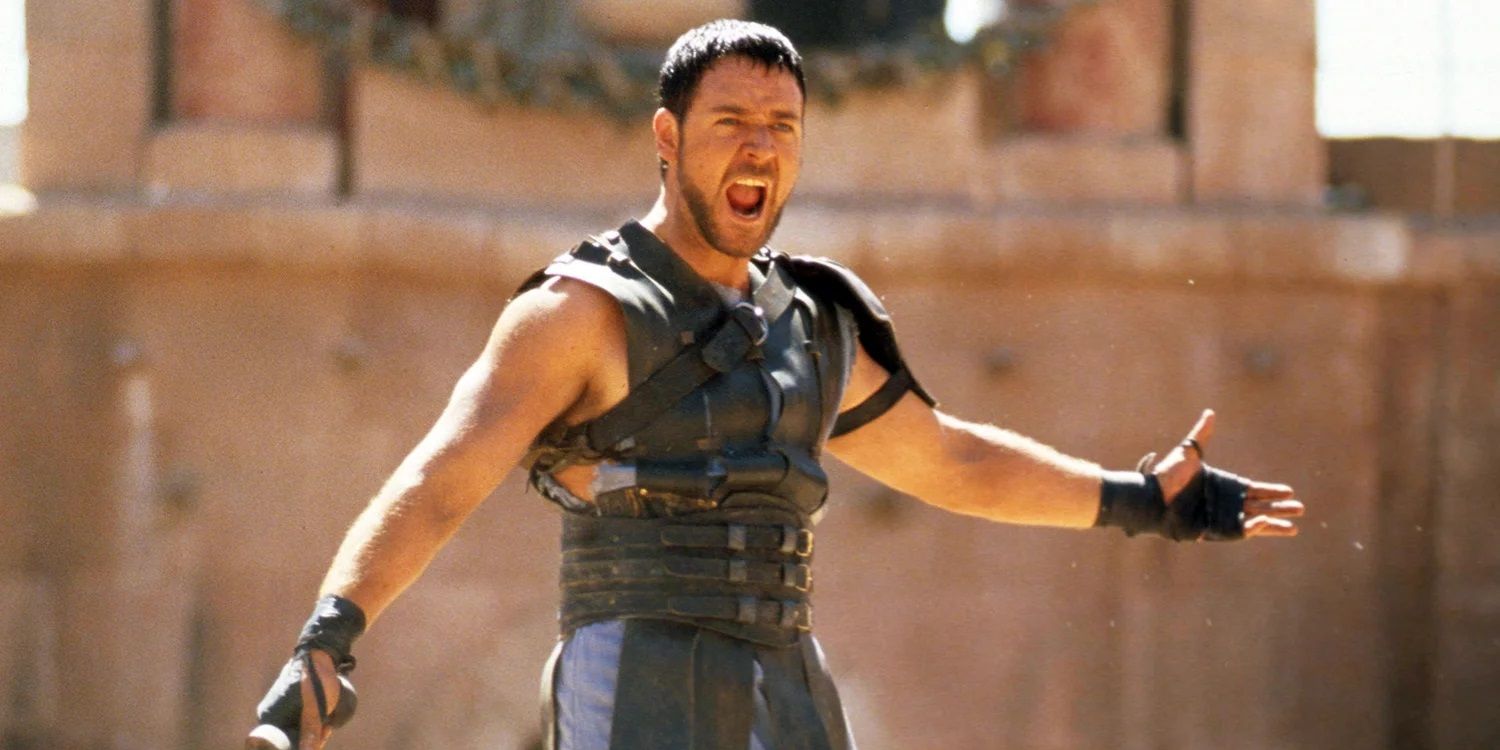 Maximus arms out in the Coliseum in Gladiator