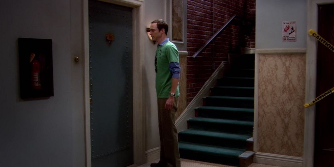 Sheldon at Penny's door in The Big Bang Theory