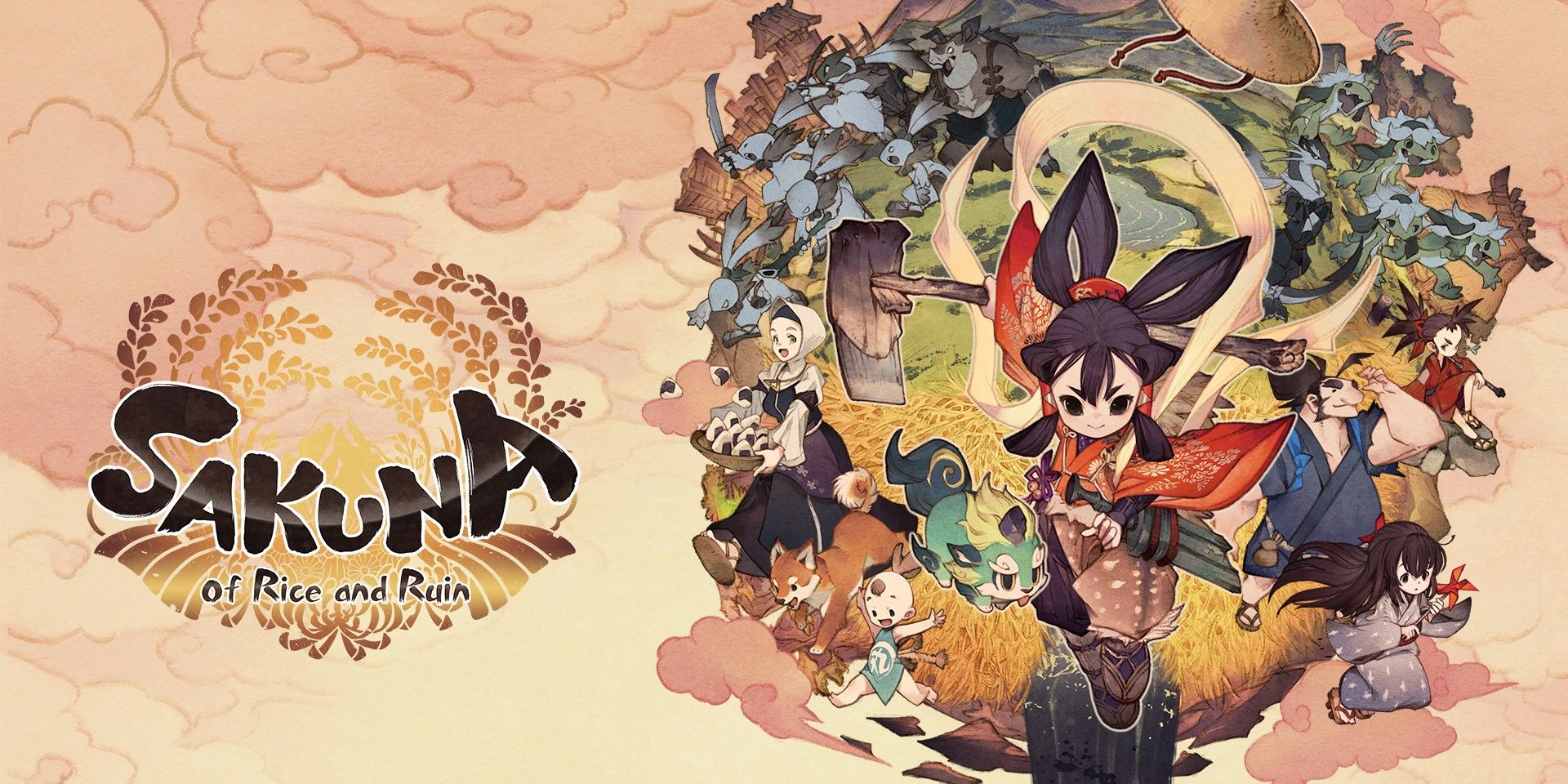 The various characters of Sakuna: Of Rice and Ruin appear in a promo image for the game