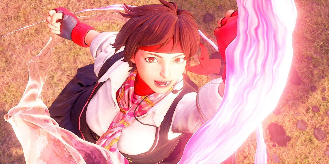 Sakura jumping up in her Win screen on Street Fighter V