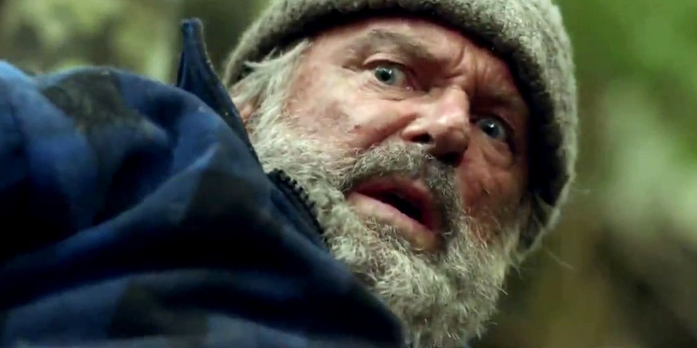 A close-up of Hector Flaukner looking scared in Hunt for the Wilderpeople