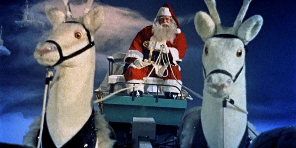Santa Claus on his sleigh pulled by two reindeer in 1959's Santa Claus